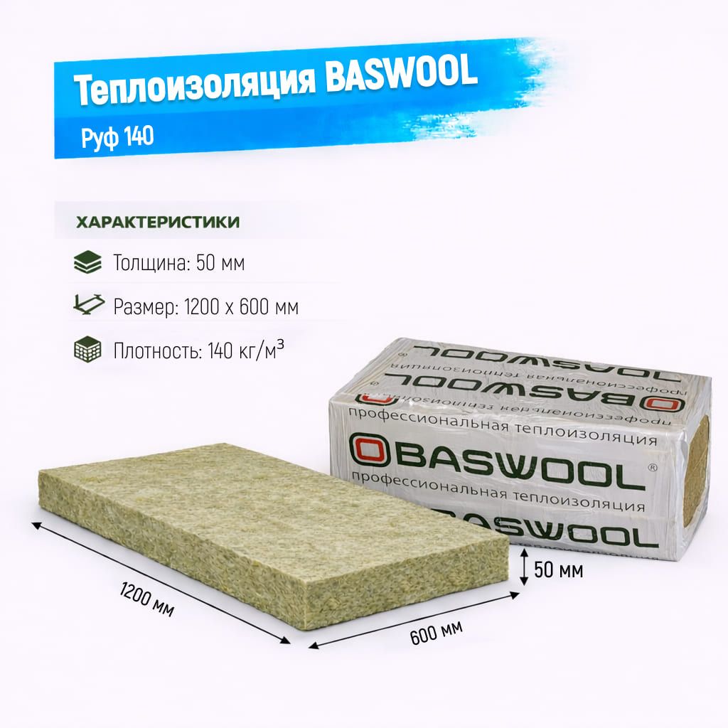 Утеплитель BASWOOL Руф 140 базальтовая плита 1200х600х50мм