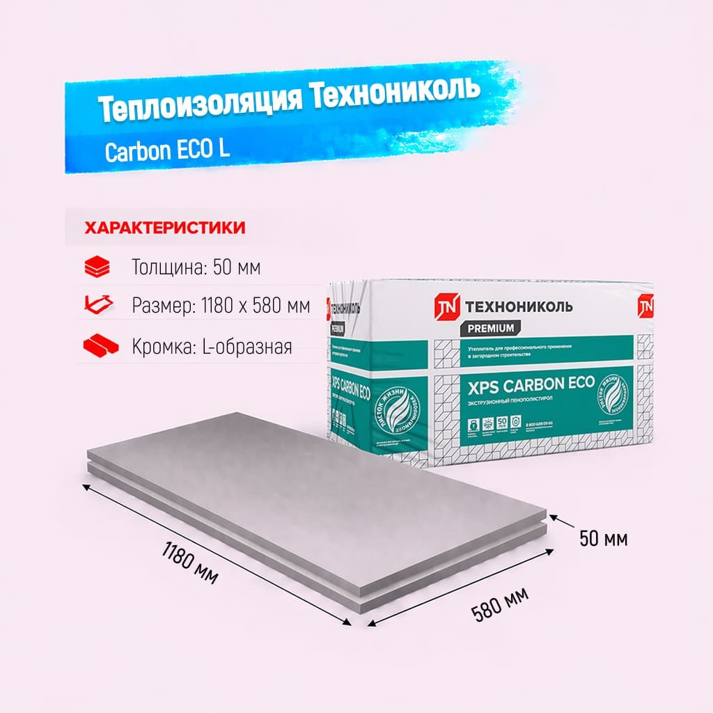 Пенополистирол экструдированный 50мм 580х1180мм ТН XPS Carbon ECO L